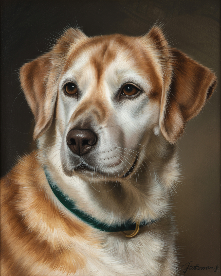 Realistic oil painting portrait of a dog showing fine detail and brushwork