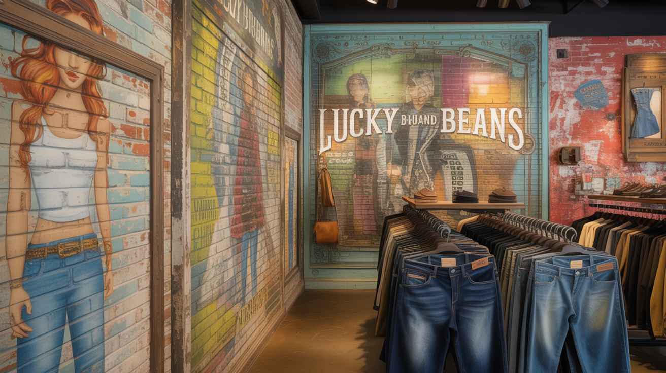 Lucky Brand Jeans retail store interior with distressed murals and hand-painted installations