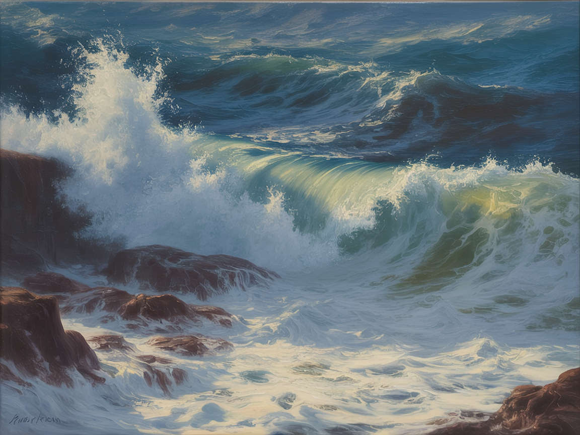 Oil painting of ocean waves crashing against coastal rocks, representative of Johnny Kimball early gallery work