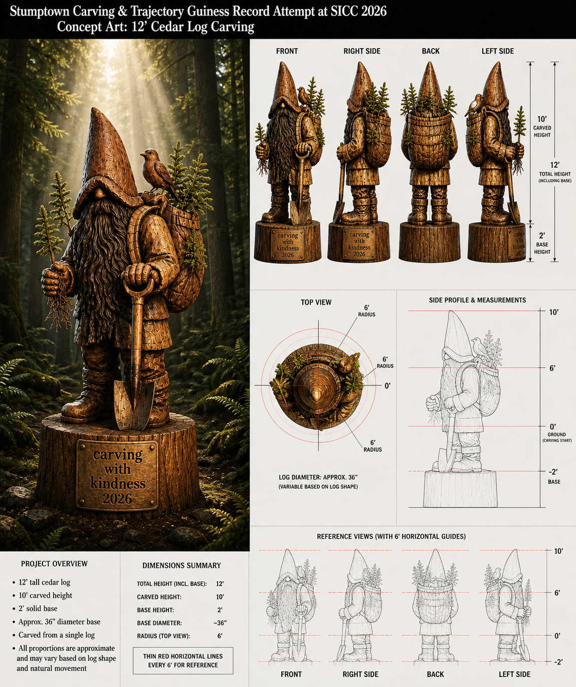 Stumptown Carving & Trajectory Guinness Record Attempt concept art — 12-foot cedar log carving guide with front, side, back, and top views, dimensions summary, and reference drawings