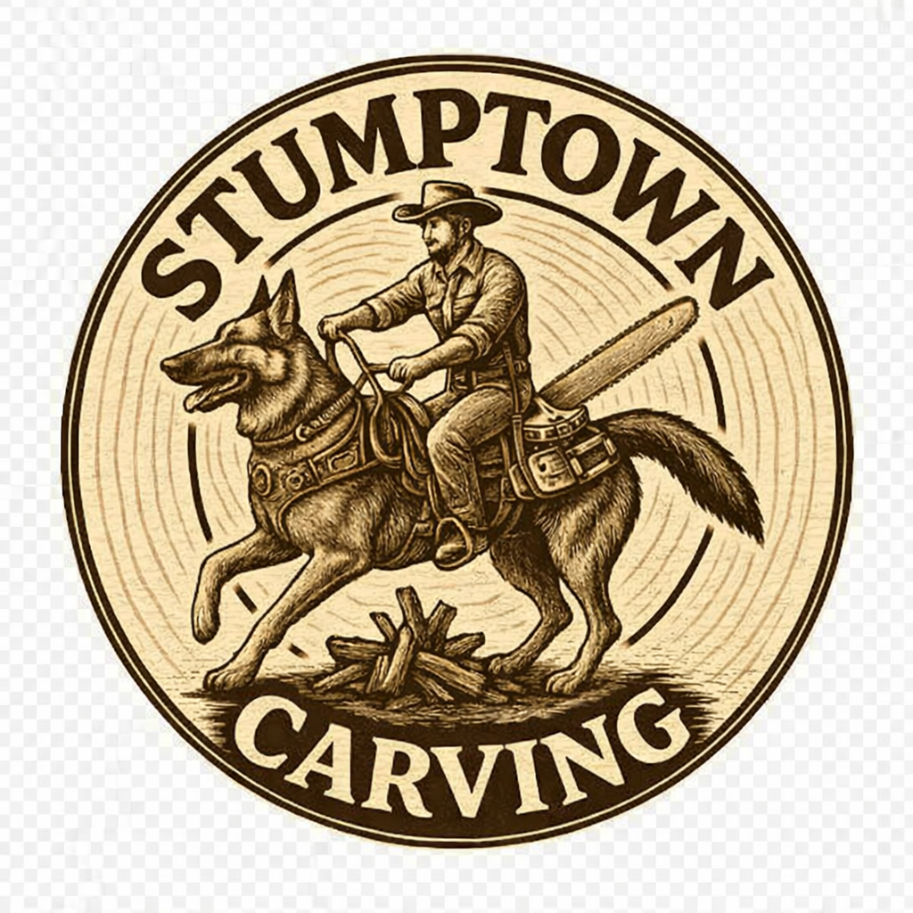 Stumptown Carving logo — Johnny Kimball riding Hanz with chainsaw